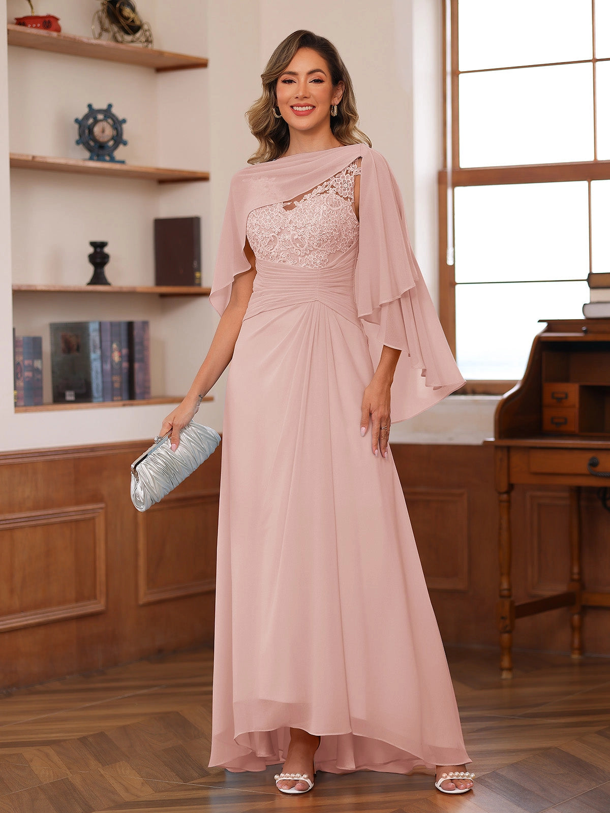 Elegant A-Line Asymmetric-Neck Cape-Sleeve Button-Back Floor-Length Mother of the Bride Dress