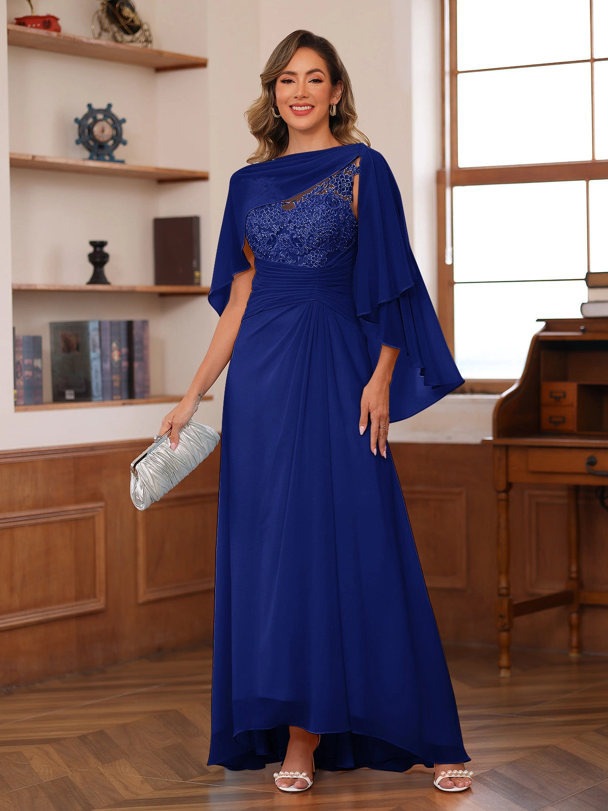 Elegant A-Line Asymmetric-Neck Cape-Sleeve Button-Back Floor-Length Mother of the Bride Dress