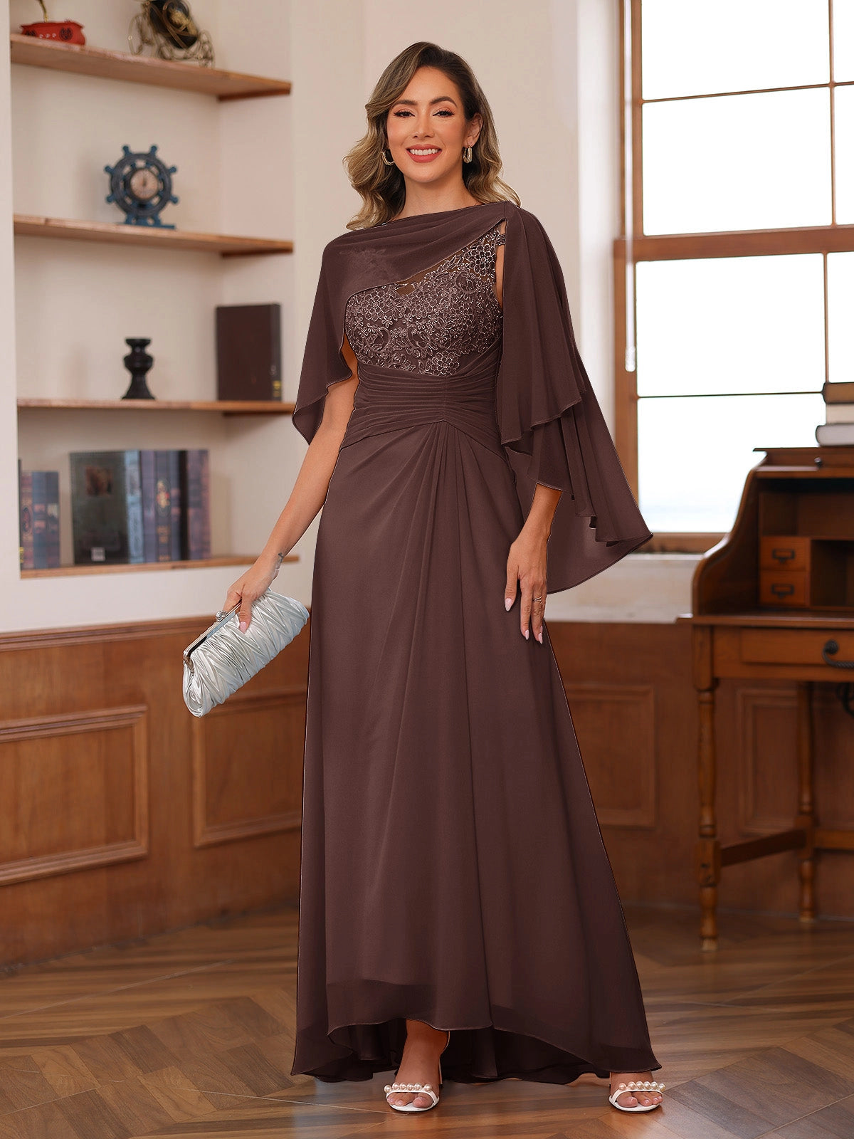 Elegant A-Line Asymmetric-Neck Cape-Sleeve Button-Back Floor-Length Mother of the Bride Dress