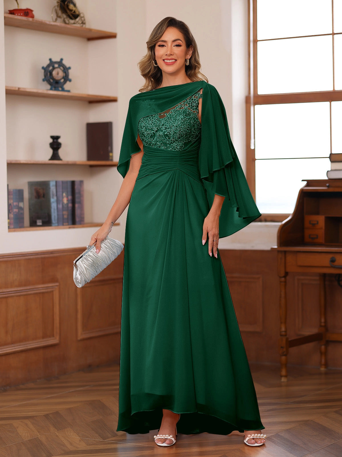 Elegant A-Line Asymmetric-Neck Cape-Sleeve Button-Back Floor-Length Mother of the Bride Dress