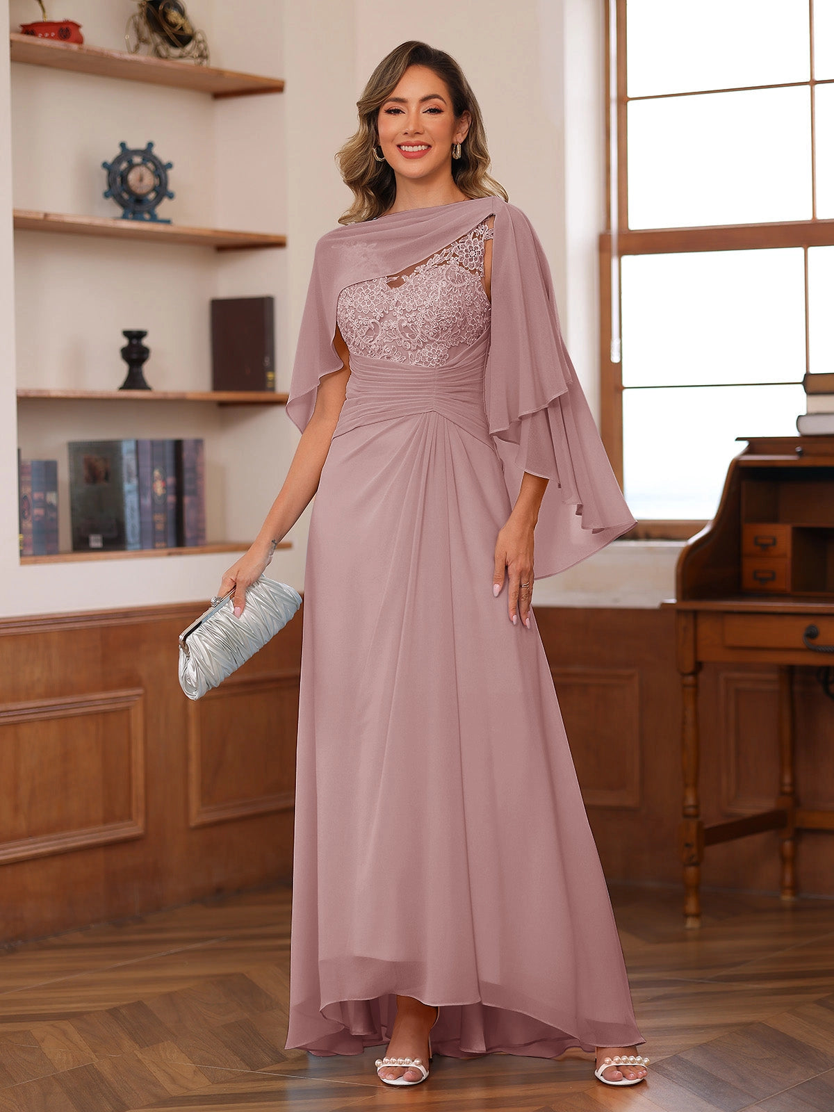Elegant A-Line Asymmetric-Neck Cape-Sleeve Button-Back Floor-Length Mother of the Bride Dress