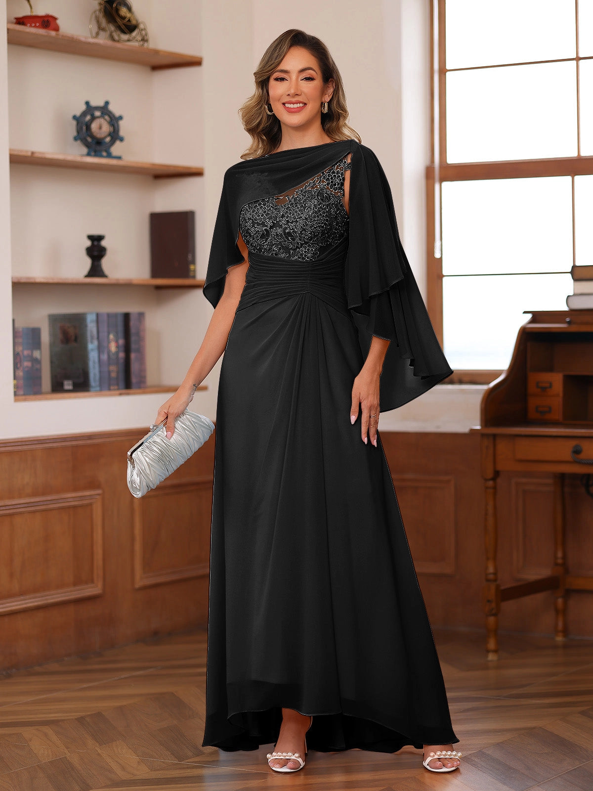 Elegant A-Line Asymmetric-Neck Cape-Sleeve Button-Back Floor-Length Mother of the Bride Dress