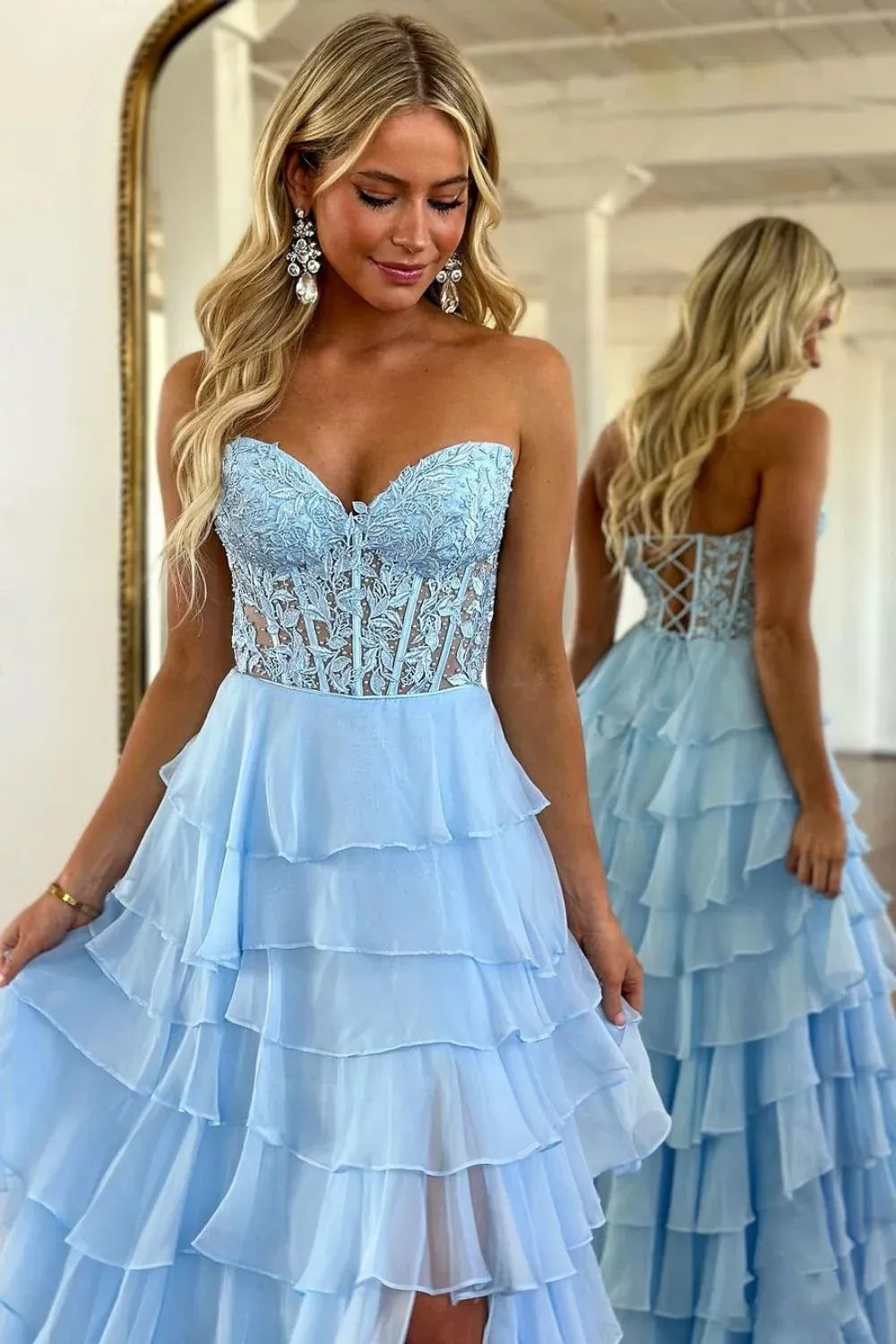 Dreamy Chiffon A-Line Sweetheart Strapless Lace-Up Tiered Floor-Length Prom Dress