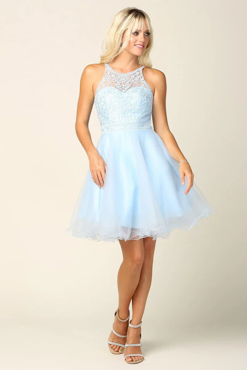 Loverlm light blue lace high-neck short Homecoming Dress front view