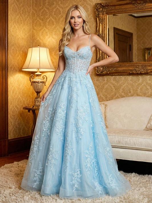 Front view of Loverlm light blue A-line lace tulle prom dress with sweetheart neckline and sheer corset bodice