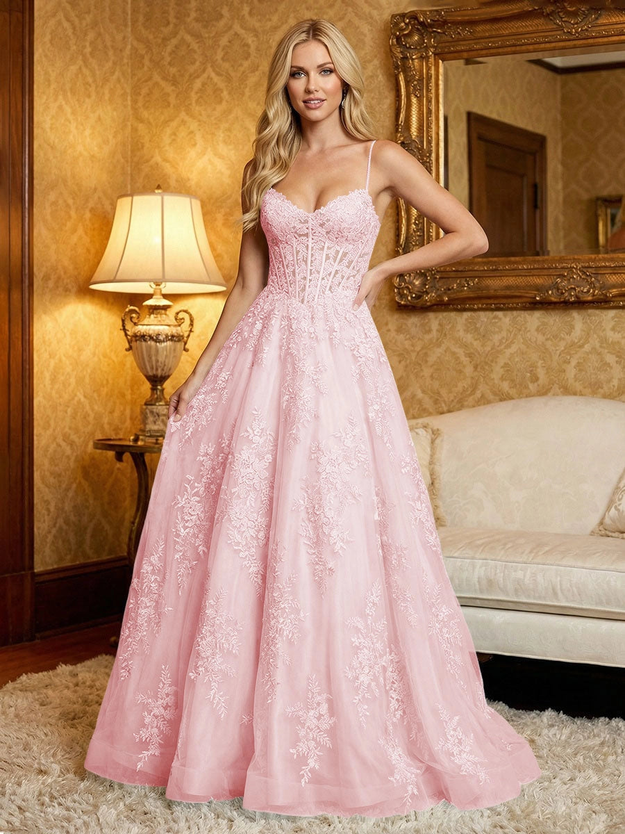 Romantic A-Line Sweetheart Spaghetti Strap Zipper Back Lace Tulle Prom Dress