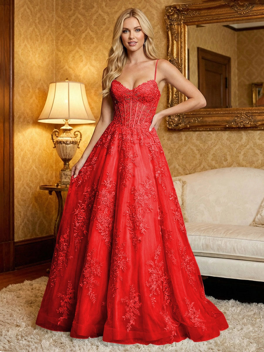 Romantic A-Line Sweetheart Spaghetti Strap Zipper Back Lace Tulle Prom Dress