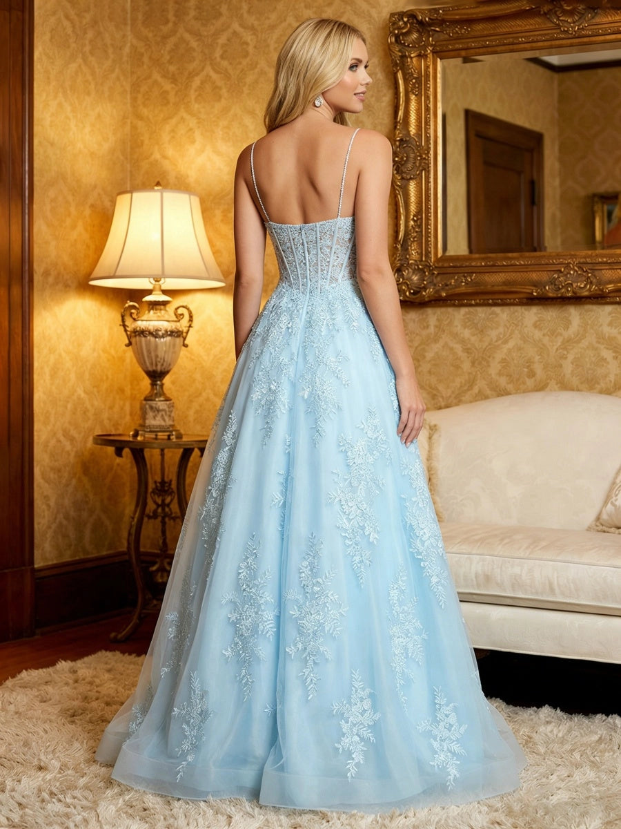 Romantic A-Line Sweetheart Spaghetti Strap Zipper Back Lace Tulle Prom Dress