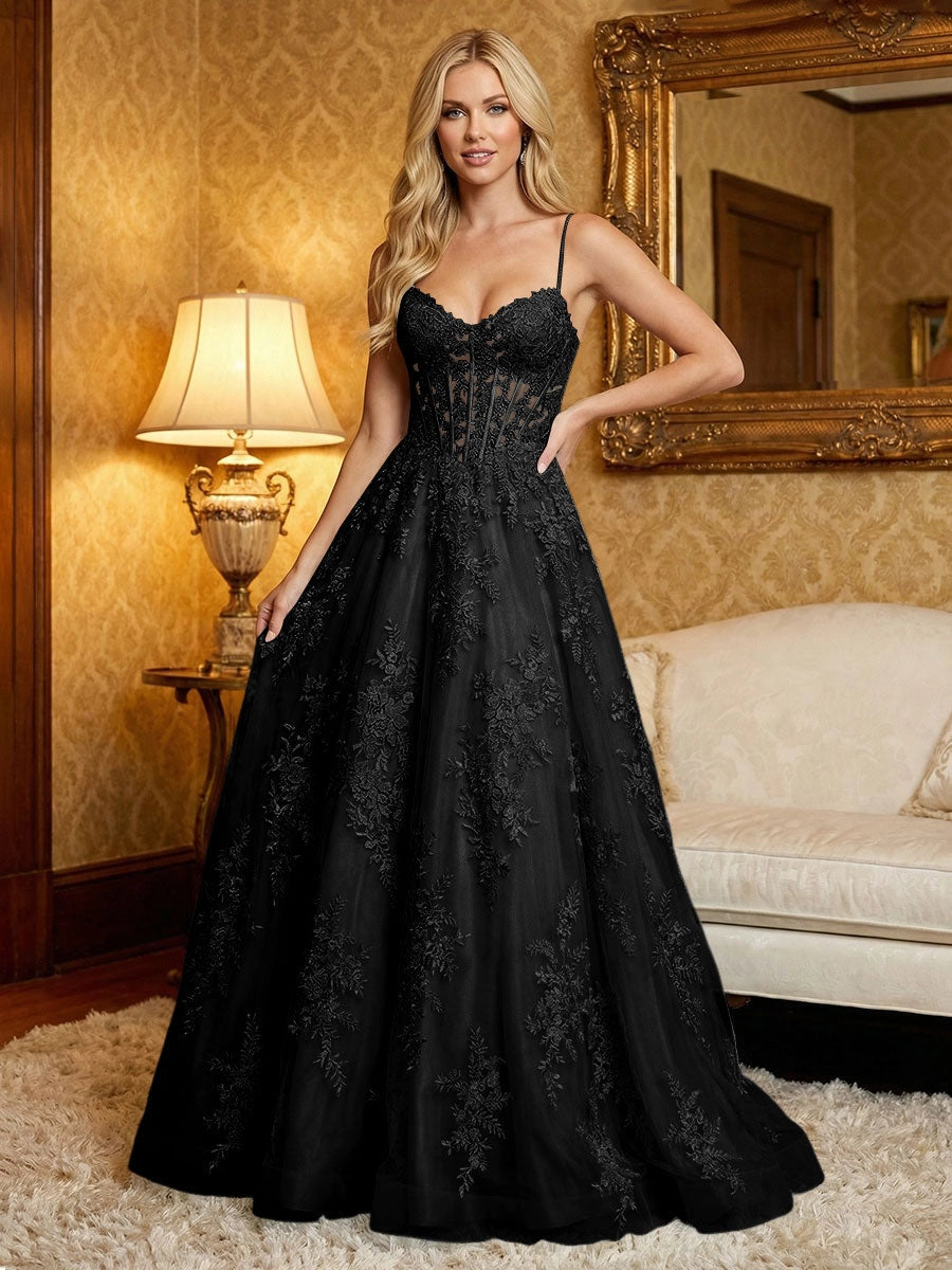 Romantic A-Line Sweetheart Spaghetti Strap Zipper Back Lace Tulle Prom Dress
