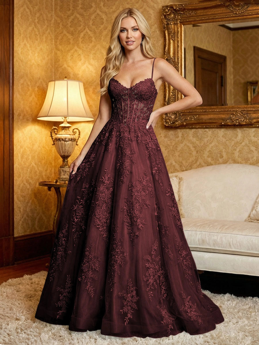 Romantic A-Line Sweetheart Spaghetti Strap Zipper Back Lace Tulle Prom Dress