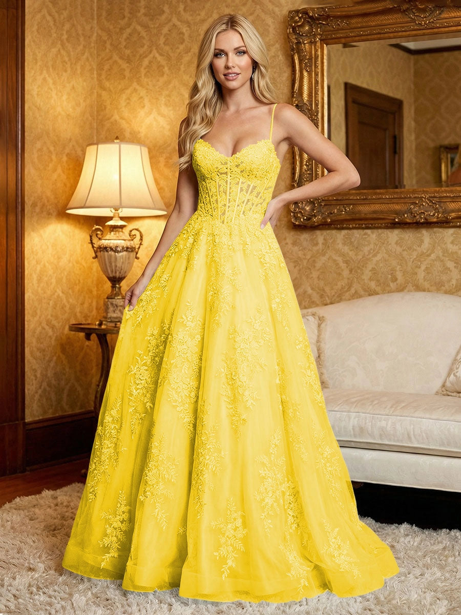 Romantic A-Line Sweetheart Spaghetti Strap Zipper Back Lace Tulle Prom Dress