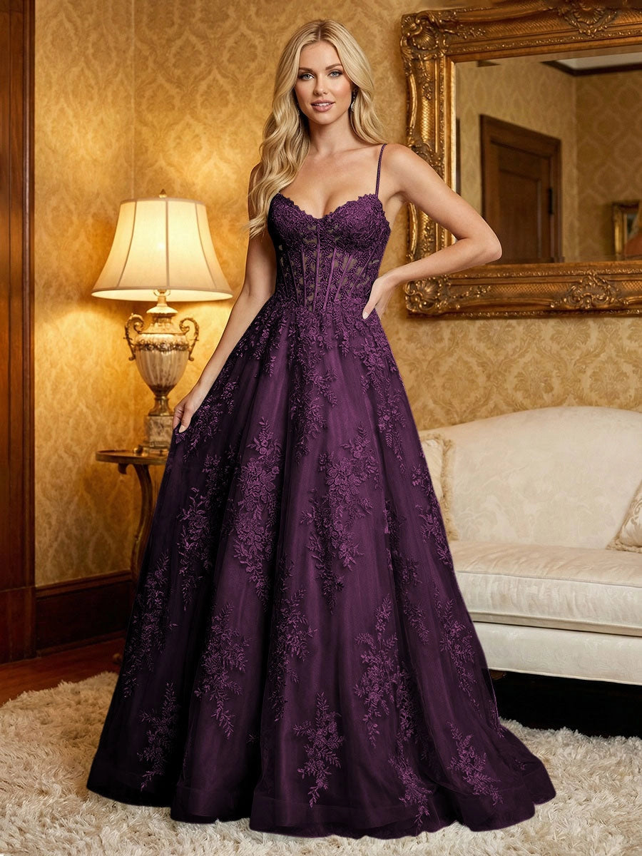 Romantic A-Line Sweetheart Spaghetti Strap Zipper Back Lace Tulle Prom Dress