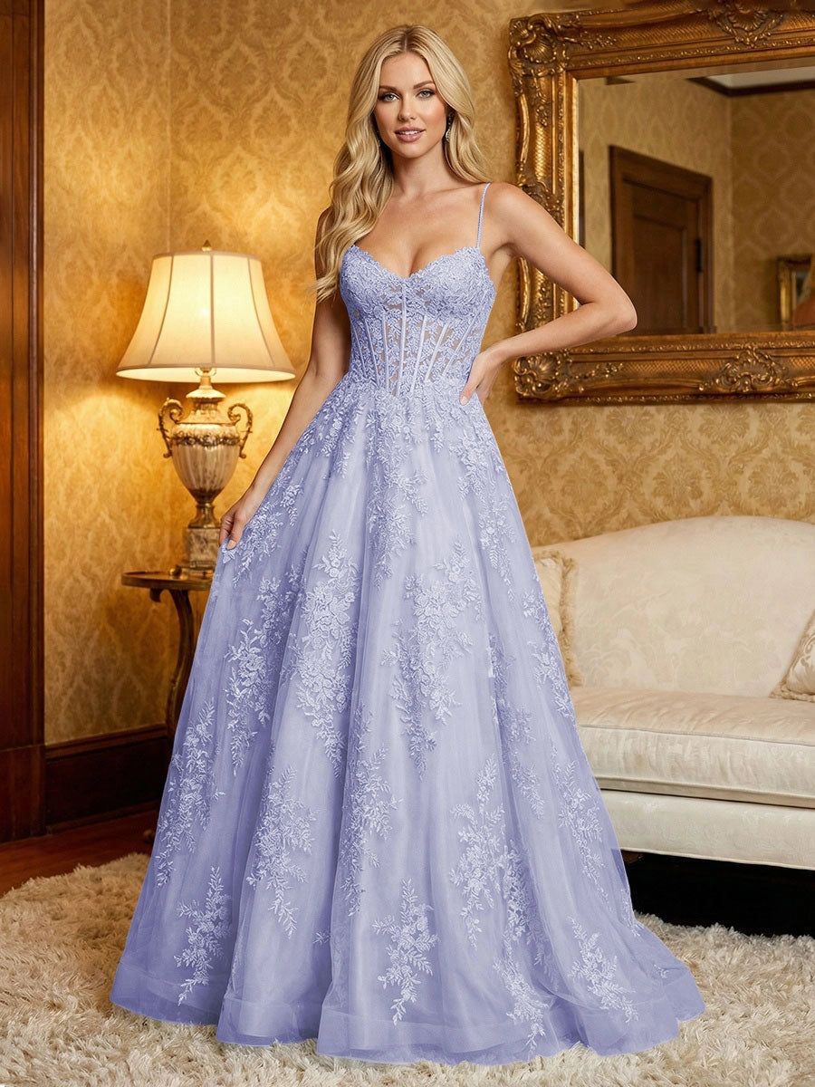 Romantic A-Line Sweetheart Spaghetti Strap Zipper Back Lace Tulle Prom Dress
