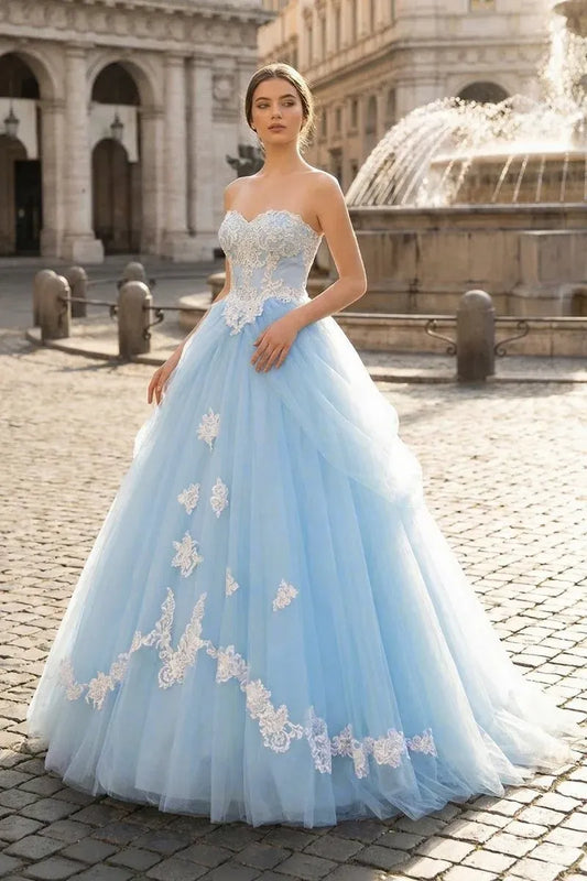 Loverlm light blue tulle ball gown prom dress with sweetheart lace bodice and floral appliques front view