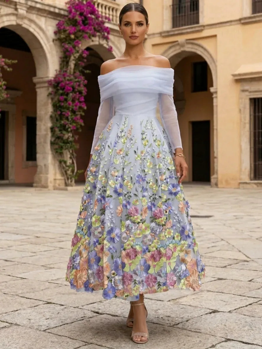 Loverlm light blue off-shoulder floral A-line wedding guest dress
