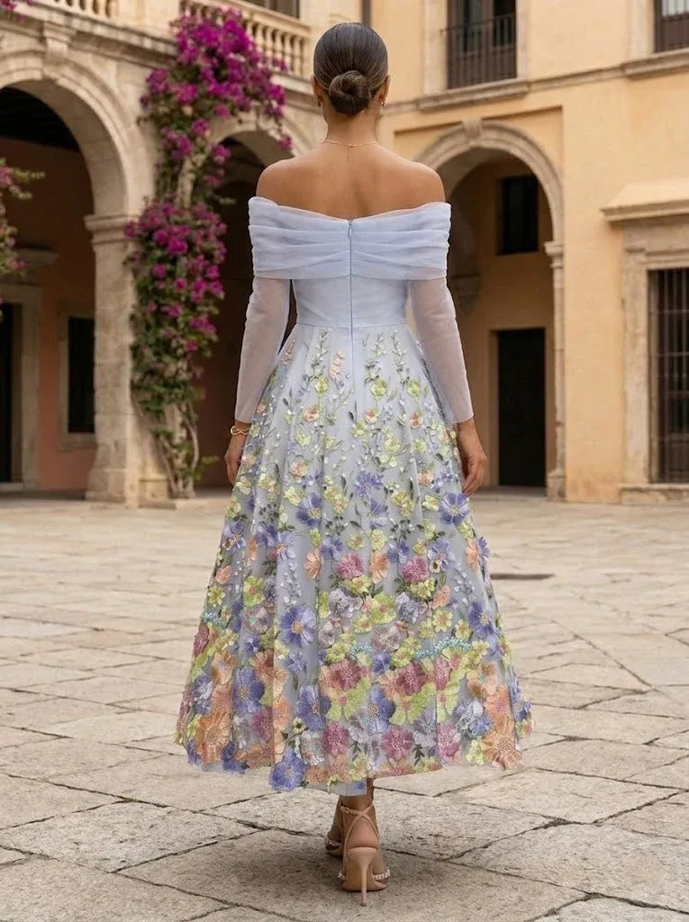 Romantic A-Line Off-Shoulder Long-Sleeve Zip-Back Floral Midi Wedding Guest Dress