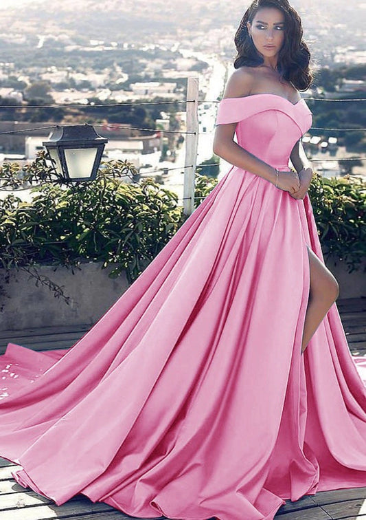 Elegant A-Line Sweetheart Off-Shoulder Straight-Back High-Slit Floor-Length Prom Dress