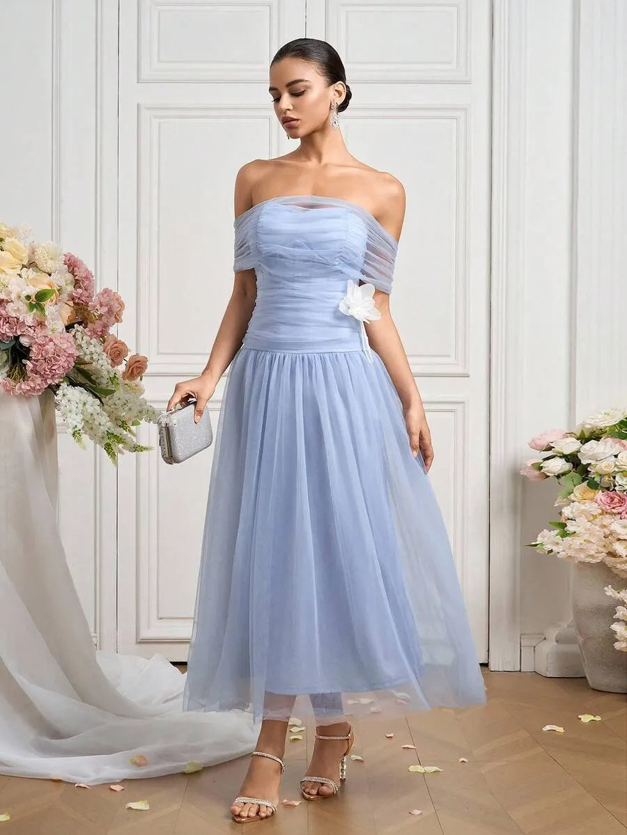 Loverlm light blue off-shoulder cocktail dress with ruched bodice and tulle midi skirt