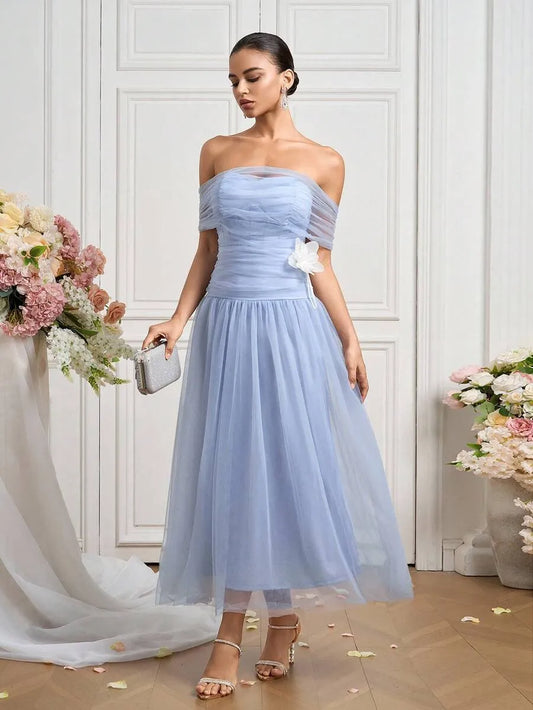 Loverlm light blue off-shoulder cocktail dress with ruched bodice and tulle midi skirt