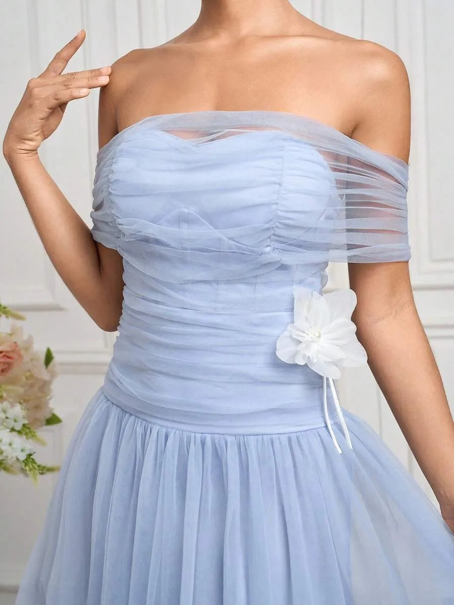 Romantic A-Line Off-Shoulder Ruched Zip-Back Tulle Midi Wedding Guest Dress