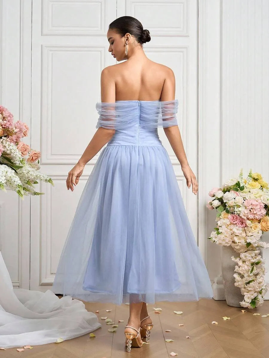 Romantic A-Line Off-Shoulder Ruched Zip-Back Tulle Midi Wedding Guest Dress