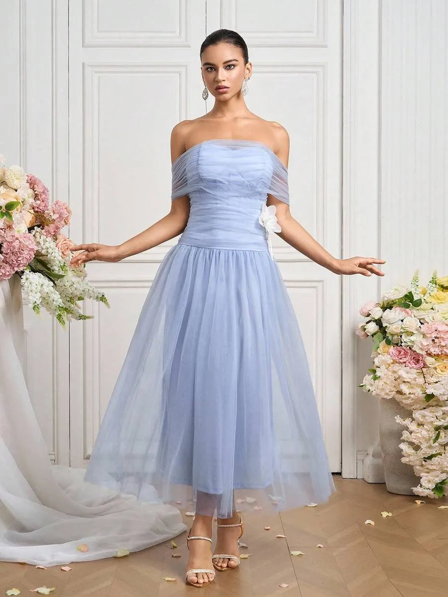 Romantic A-Line Off-Shoulder Ruched Zip-Back Tulle Midi Wedding Guest Dress