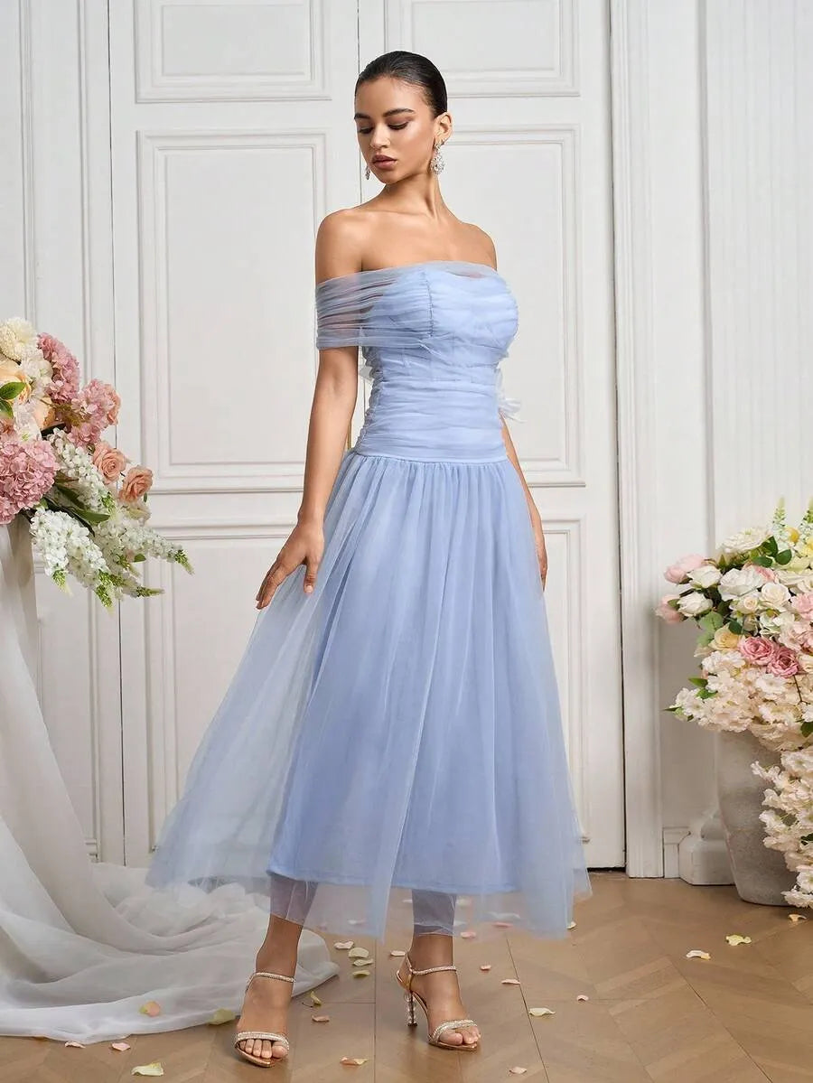 Romantic A-Line Off-Shoulder Ruched Zip-Back Tulle Midi Wedding Guest Dress