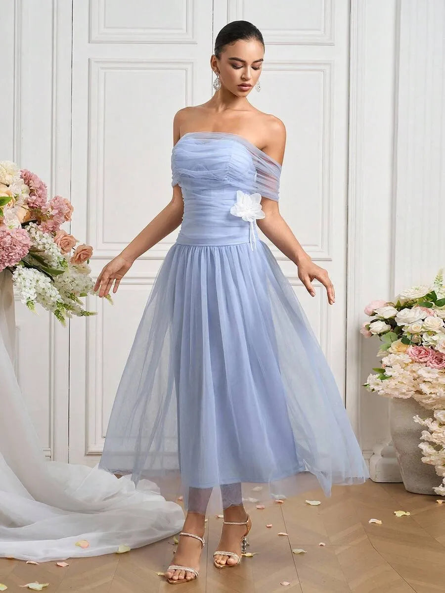 Romantic A-Line Off-Shoulder Ruched Zip-Back Tulle Midi Wedding Guest Dress