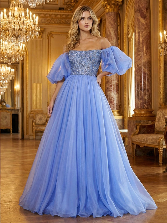 Loverlm light blue tulle ball gown prom dress with off-shoulder puff sleeves and sparkling embellished bodice