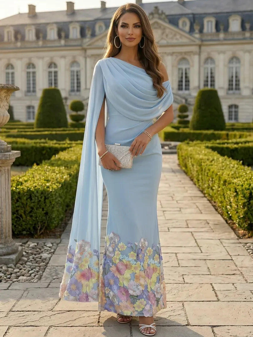 Loverlm light blue one shoulder cape floral floor length evening dress front view