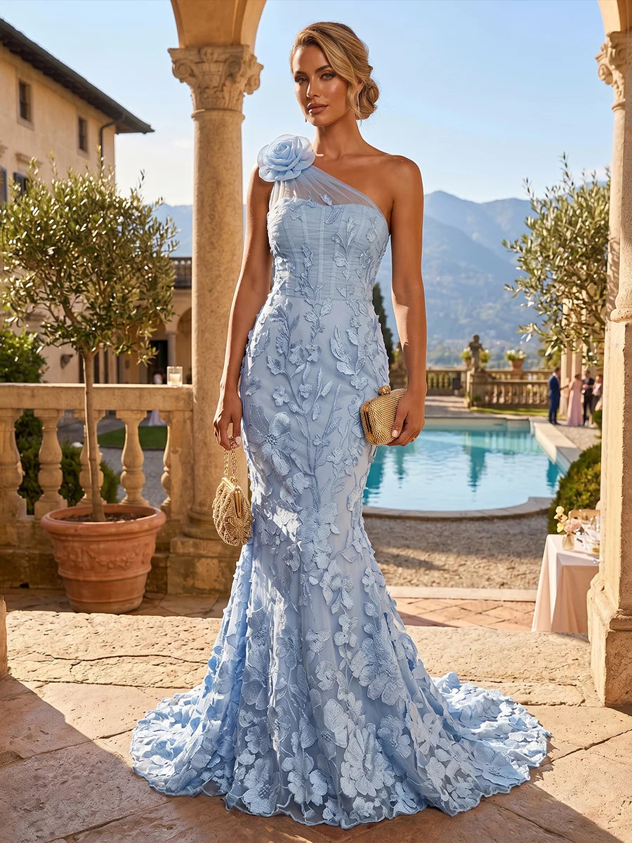 Light blue one shoulder mermaid evening dress with floral lace appliques, 3D flower shoulder detail, fitted bodice and sweeping floor-length train by Loverlm