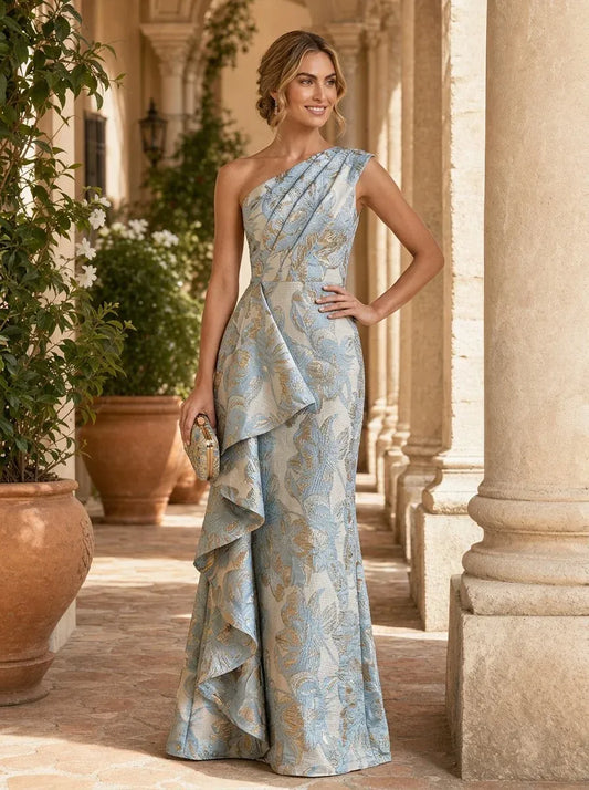 Loverlm light blue mother of the bride dress with one-shoulder neckline floral pattern cascading side ruffle and floor-length silhouette