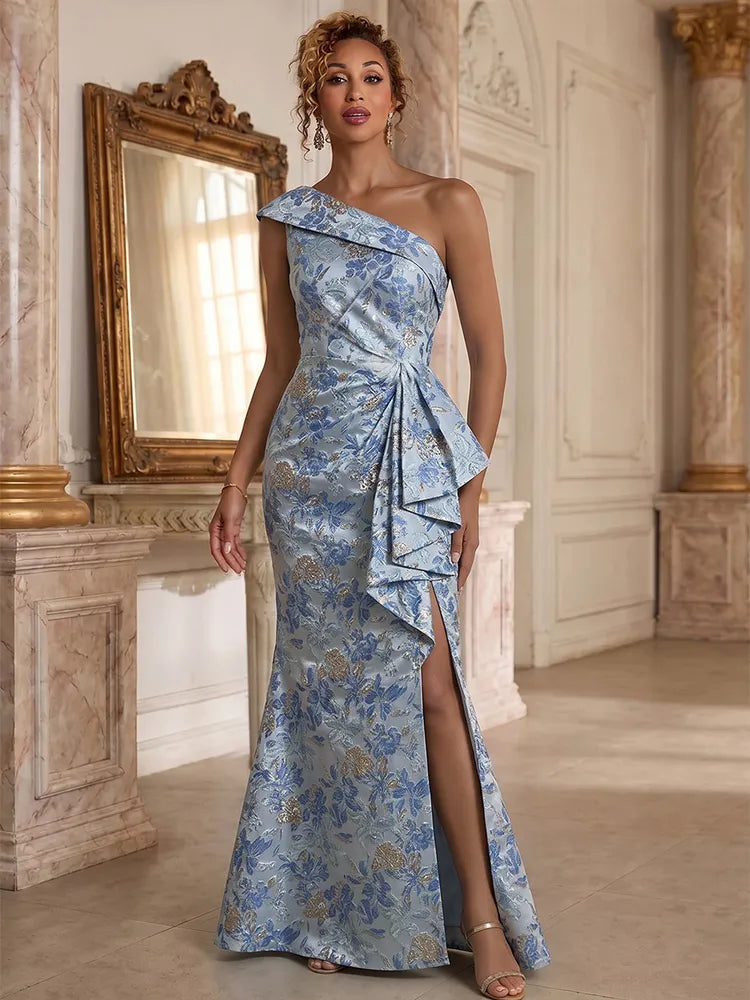Loverlm light blue Mother of the Bride dress with one-shoulder neckline floral jacquard draped waist front slit and floor-length mermaid skirt