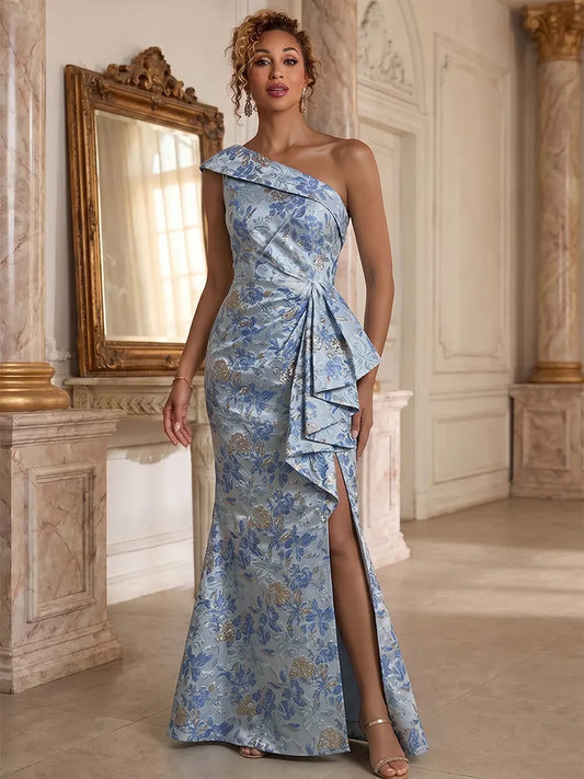 Loverlm light blue Mother of the Bride dress with one-shoulder neckline floral jacquard draped waist front slit and floor-length mermaid skirt