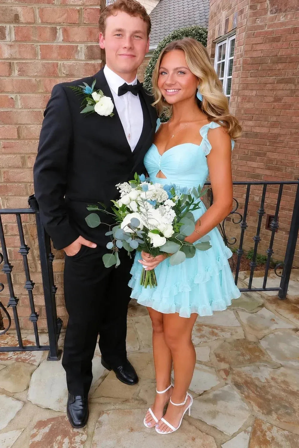 Dreamy A-Line Sweetheart Ruffle-Strap Lace-Up Tiered Mini Homecoming Dress
