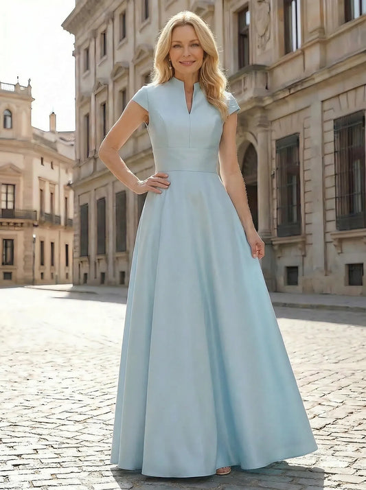 Loverlm light blue satin A-line Mother of the Bride dress with notch neckline cap sleeves and floor-length skirt