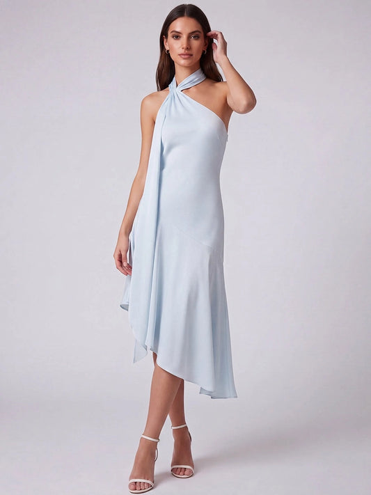 Loverlm light blue satin midi prom dress with twisted asymmetric halter neckline and flowing side drape
