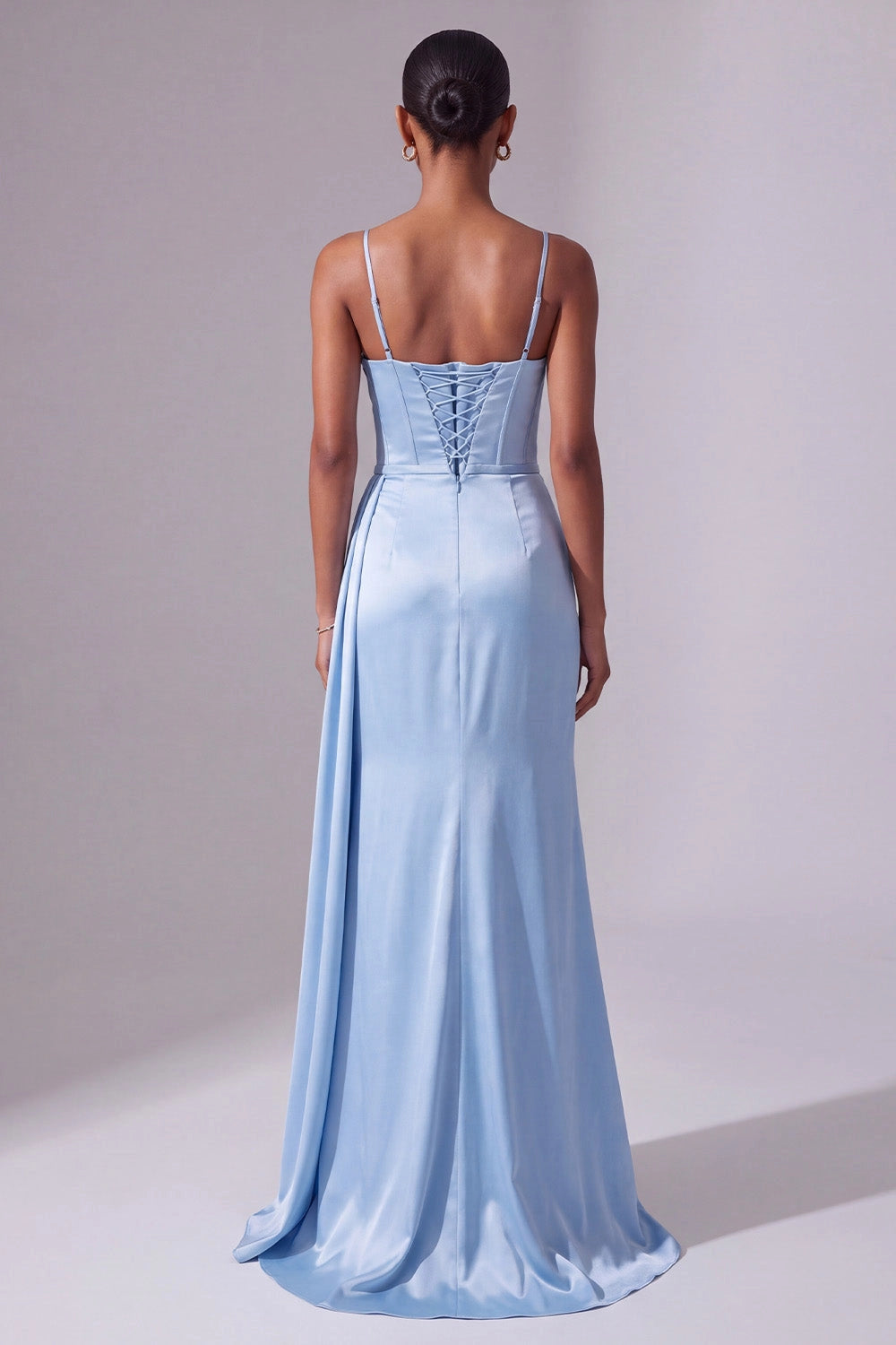 Elegant Mermaid Spaghetti Strap Sweetheart Sleeveless Lace Up Back High Slit Floor Length Satin Prom Dress