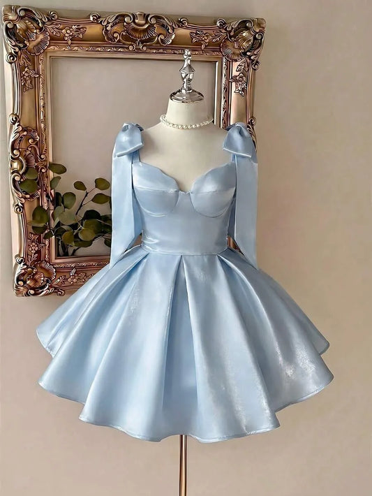 Loverlm light blue satin homecoming dress with sweetheart neckline bow straps and flared skirt