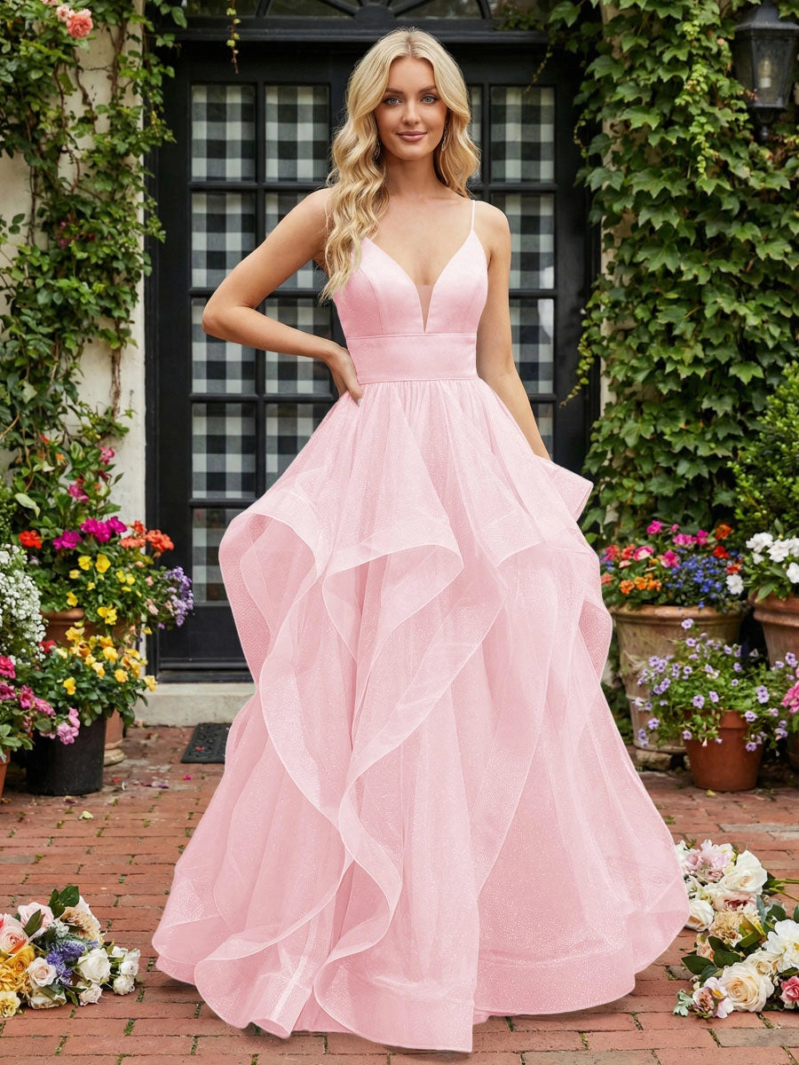 Elegant A-Line V-Neck Spaghetti Strap Lace-Up Tulle Evening Dress