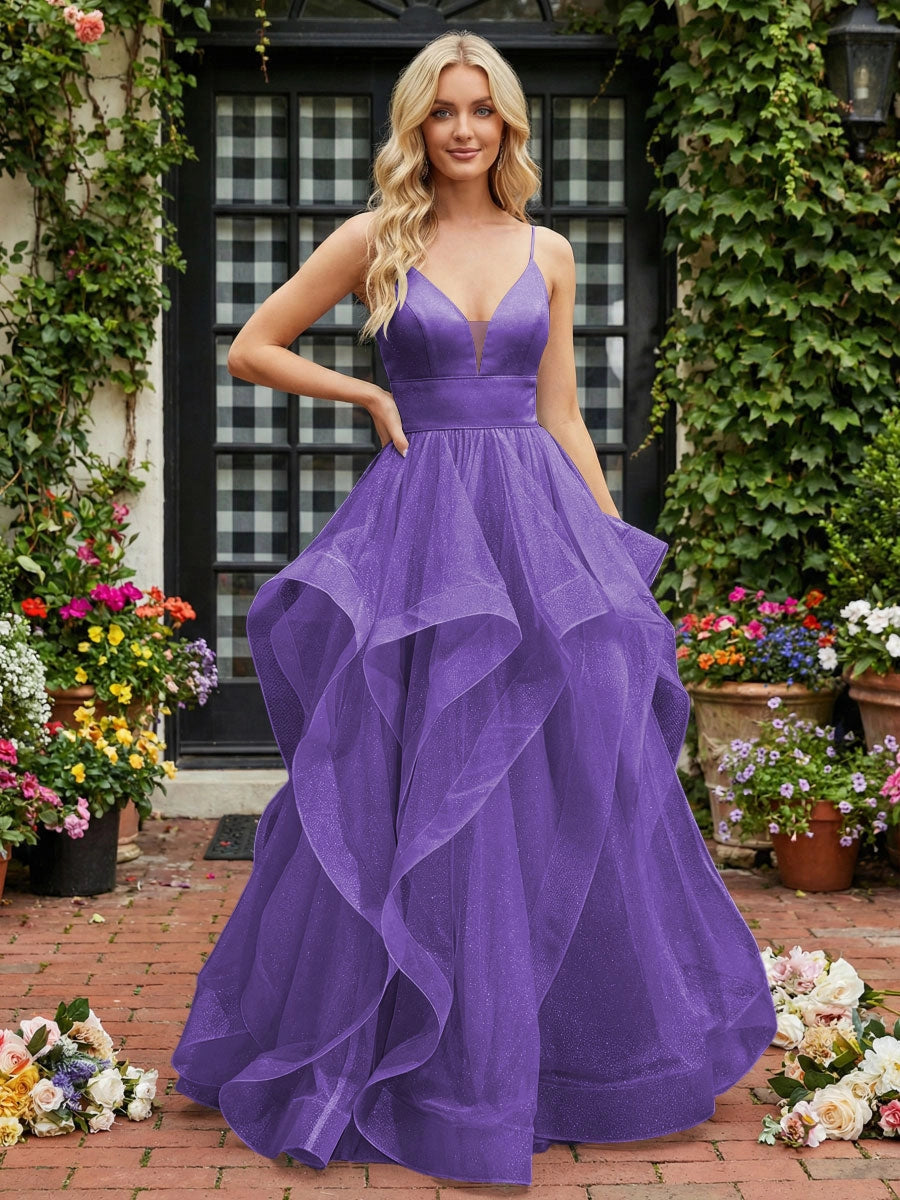 Elegant A-Line V-Neck Spaghetti Strap Lace-Up Tulle Evening Dress
