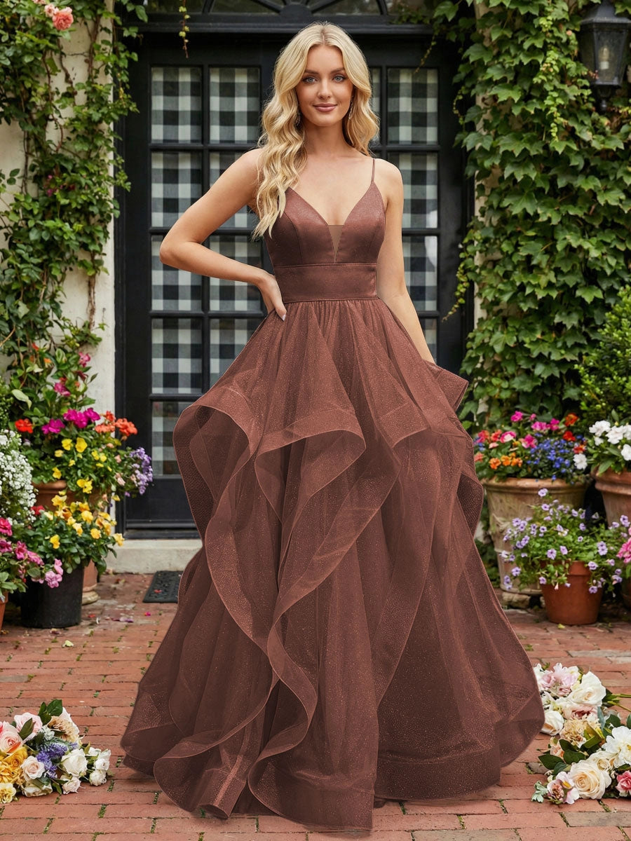 Elegant A-Line V-Neck Spaghetti Strap Lace-Up Tulle Evening Dress