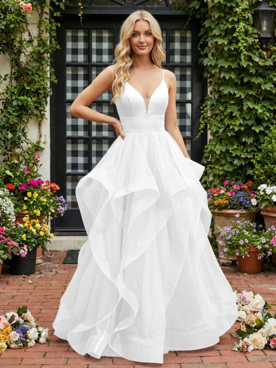 Elegant A-Line V-Neck Spaghetti Strap Lace-Up Tulle Evening Dress