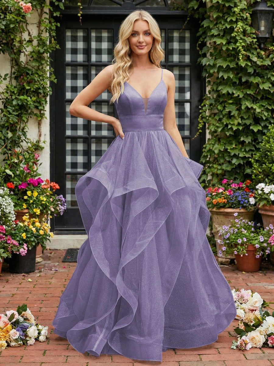 Elegant A-Line V-Neck Spaghetti Strap Lace-Up Tulle Evening Dress