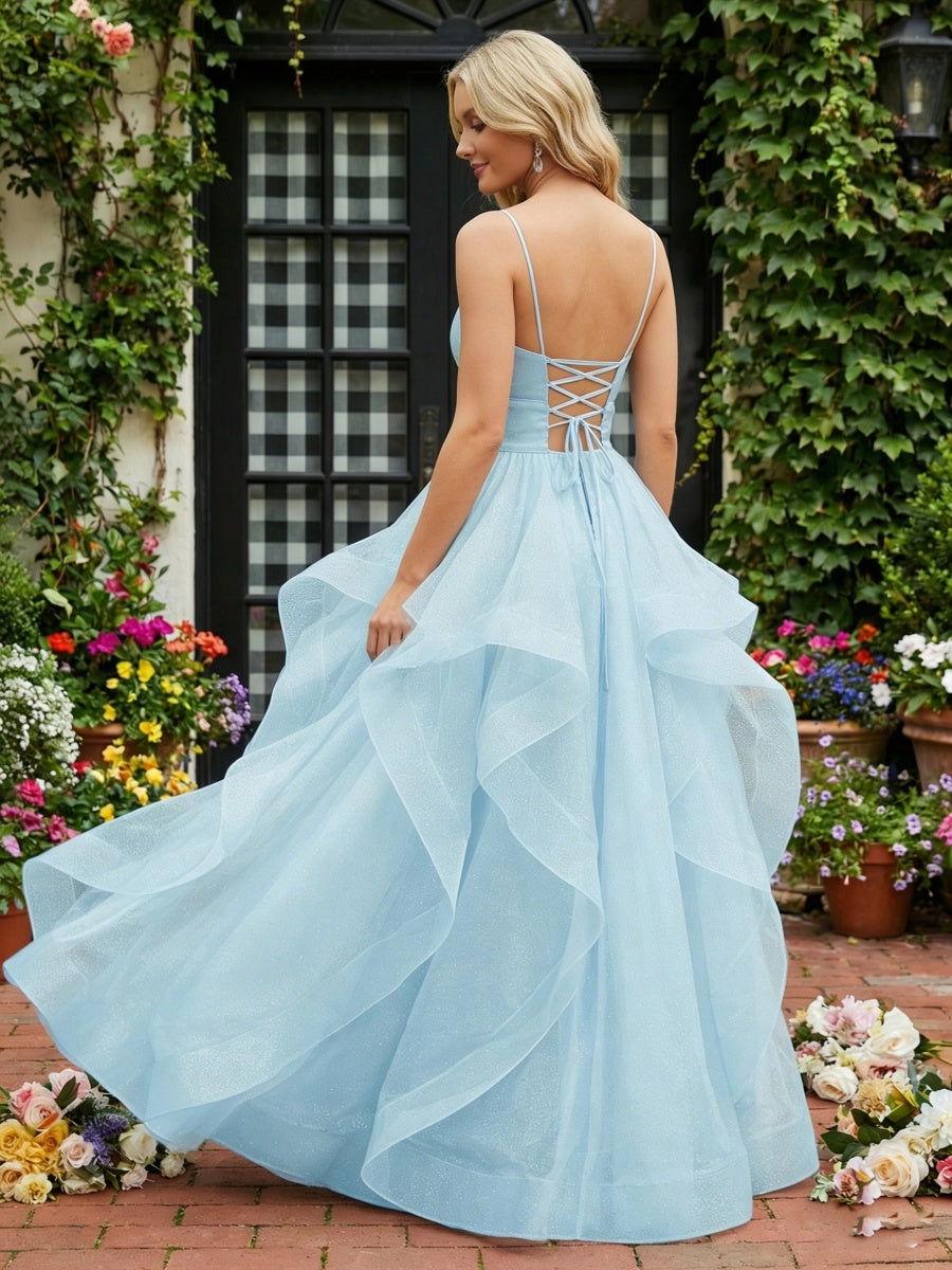Elegant A-Line V-Neck Spaghetti Strap Lace-Up Tulle Evening Dress