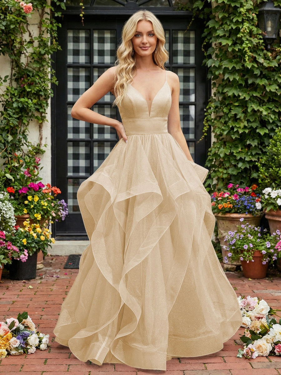 Elegant A-Line V-Neck Spaghetti Strap Lace-Up Tulle Evening Dress