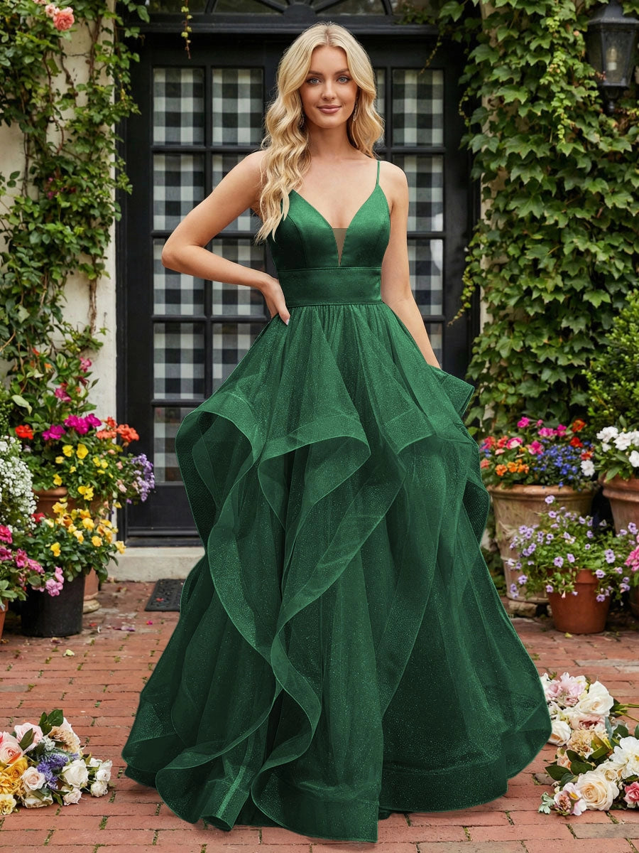 Elegant A-Line V-Neck Spaghetti Strap Lace-Up Tulle Evening Dress
