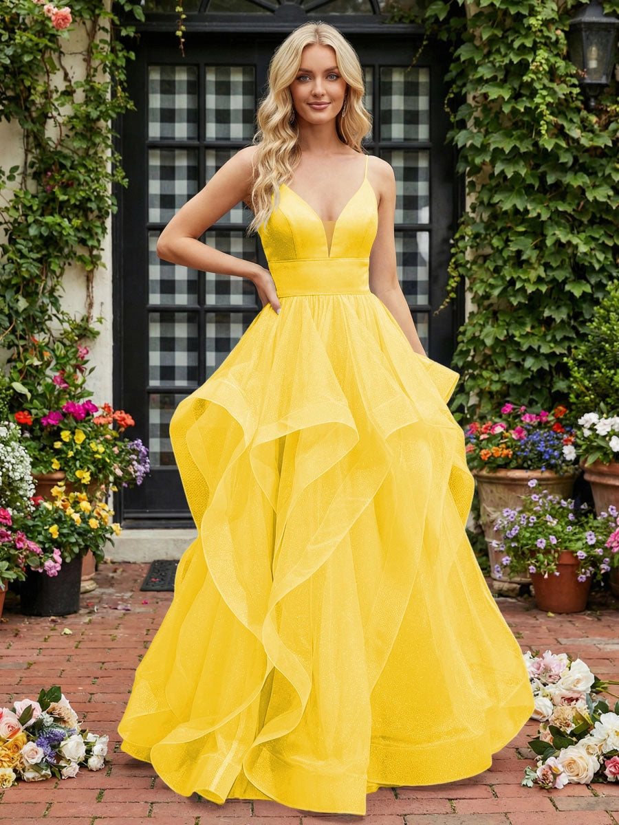 Elegant A-Line V-Neck Spaghetti Strap Lace-Up Tulle Evening Dress