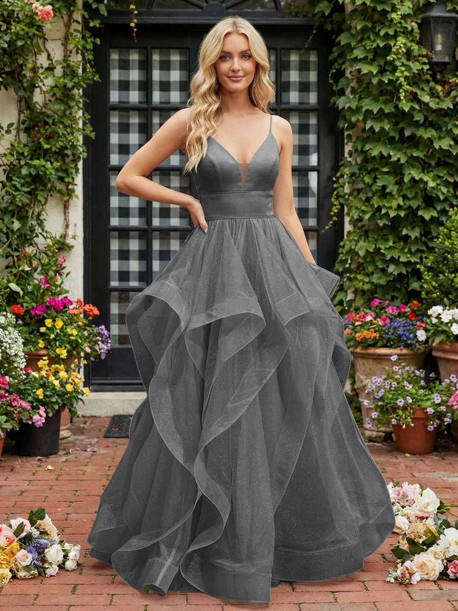 Elegant A-Line V-Neck Spaghetti Strap Lace-Up Tulle Evening Dress