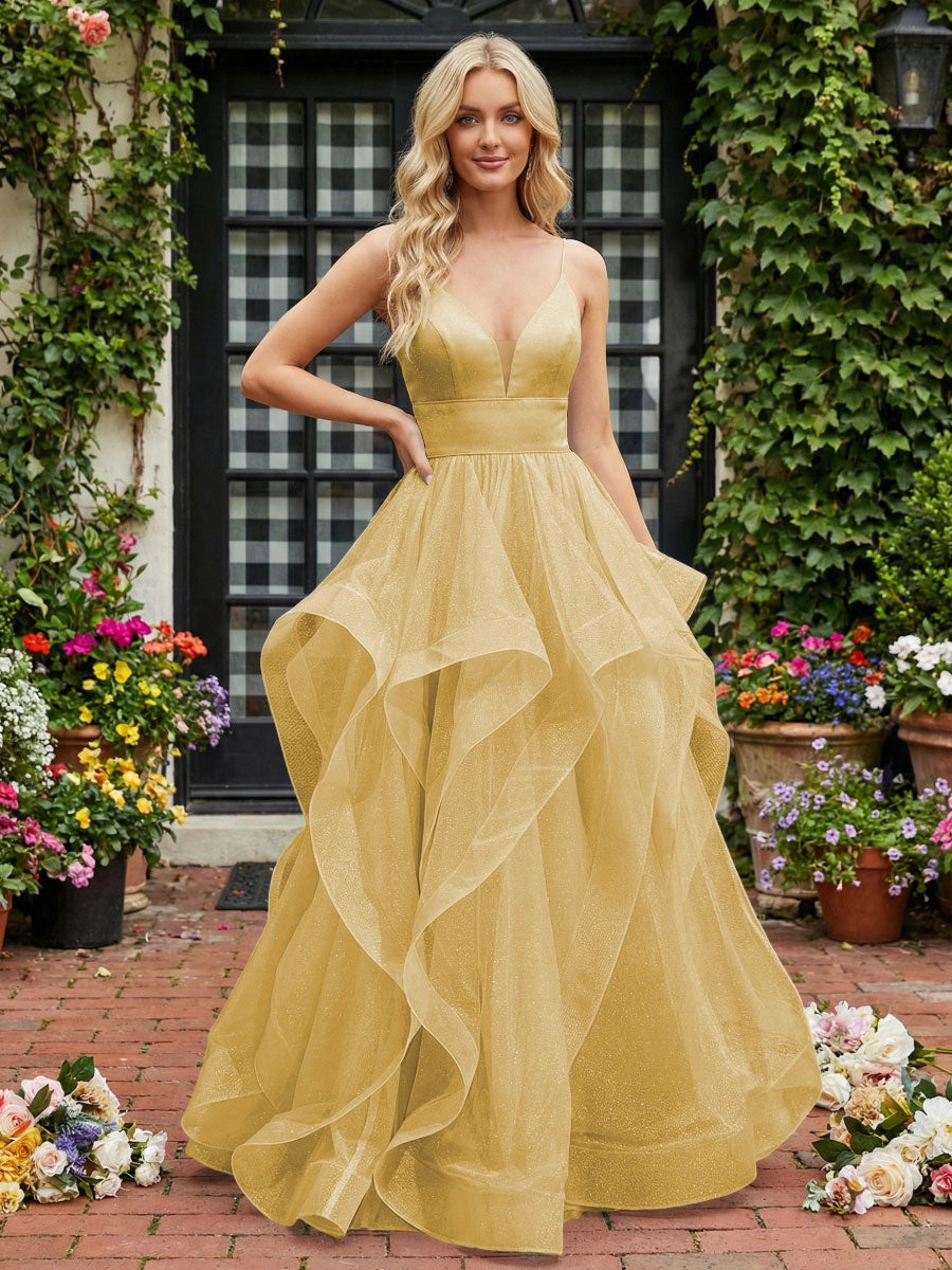 Elegant A-Line V-Neck Spaghetti Strap Lace-Up Tulle Evening Dress